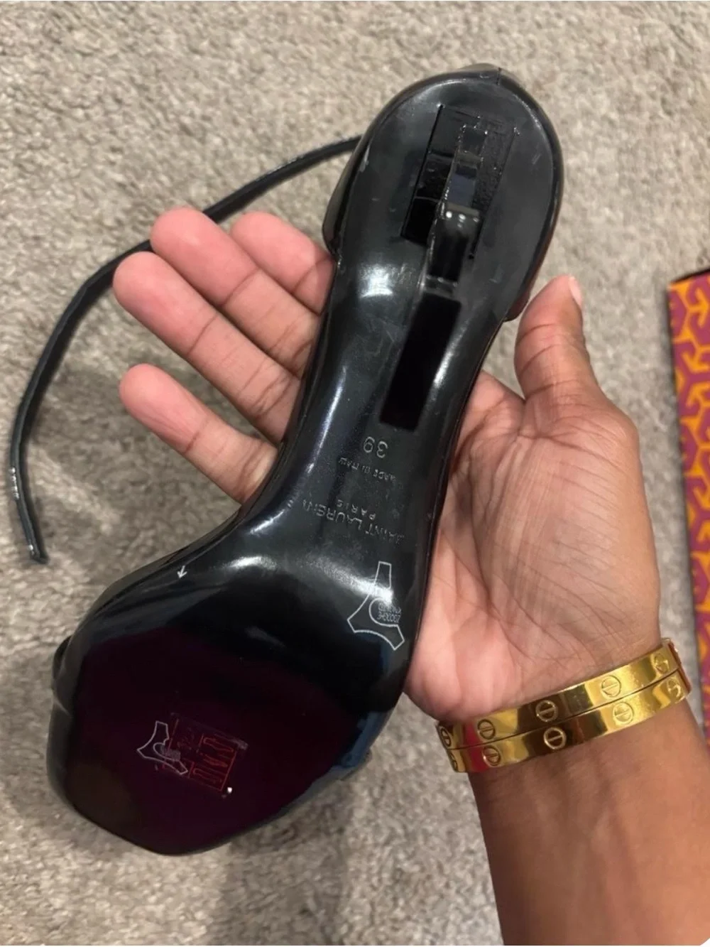 Saint Laurent Black Patent YSL Logo Heel Sandals